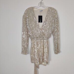 Fashion Nova NEW Women's Diva Shine Sequin Romper Size M Gold Surplice Cocktail